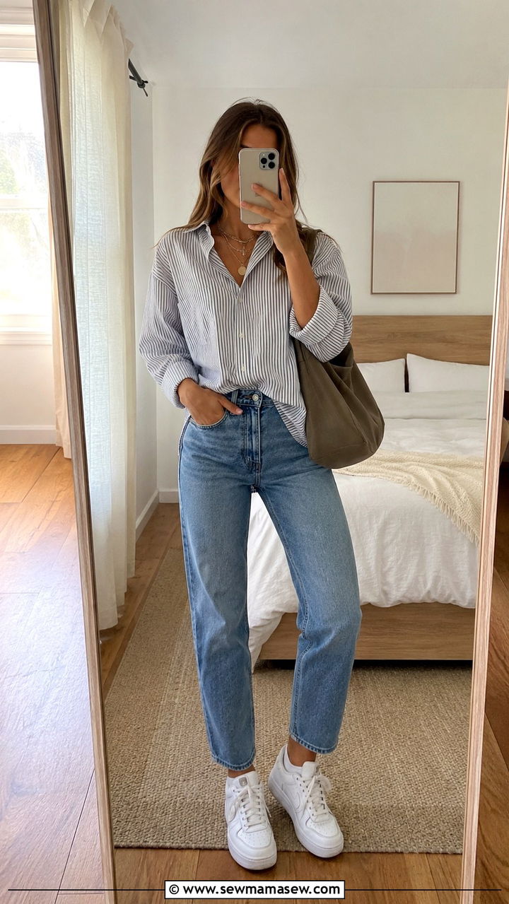 Half Tucked Button Down With Mom Jeans Outfit - 30 Mom jeans outfit ideas with a button down