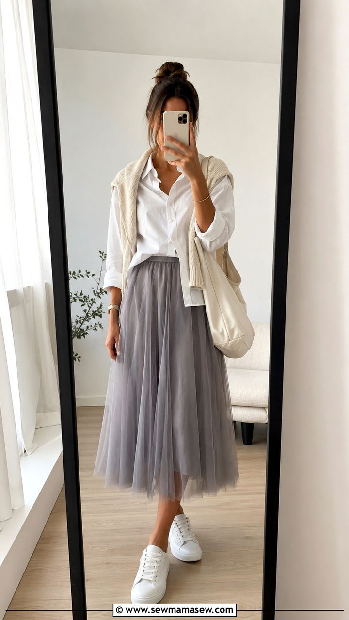 Half Tucked Button Down With Sneakers And Gray Tulle Skirt - 20 Tulle skirt outfit ideas with a button down
