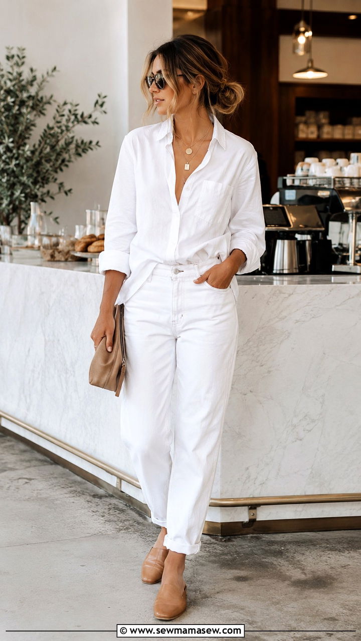 Half Tucked Button Down with White Jeans - 25 White jeans outfit ideas with a button down