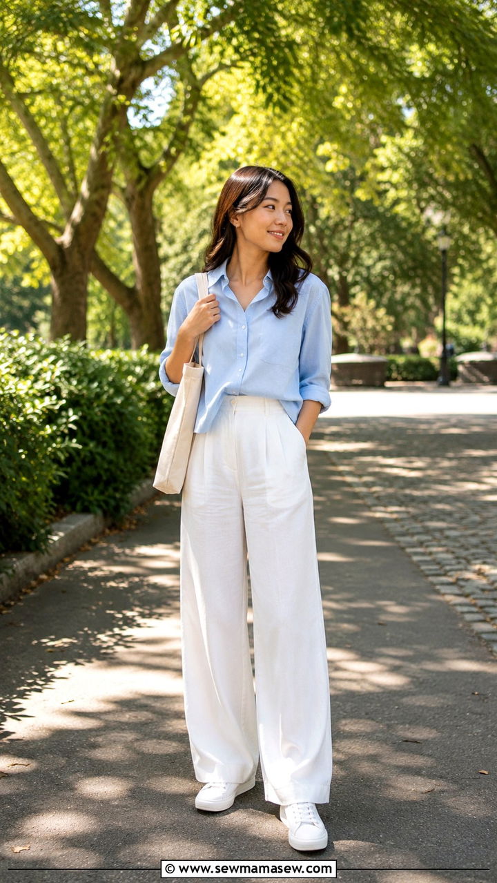 Half Tucked Button Down with Wide Leg Pants Petite - 25 Petite outfit ideas with wide leg pants