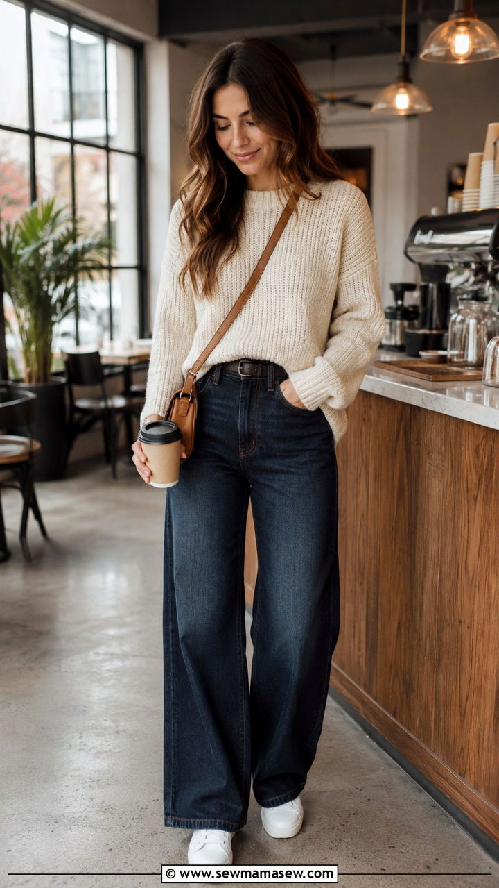 Half Tucked Sweater With Wide Leg Jeans - 20 Outfit ideas to hide love handles