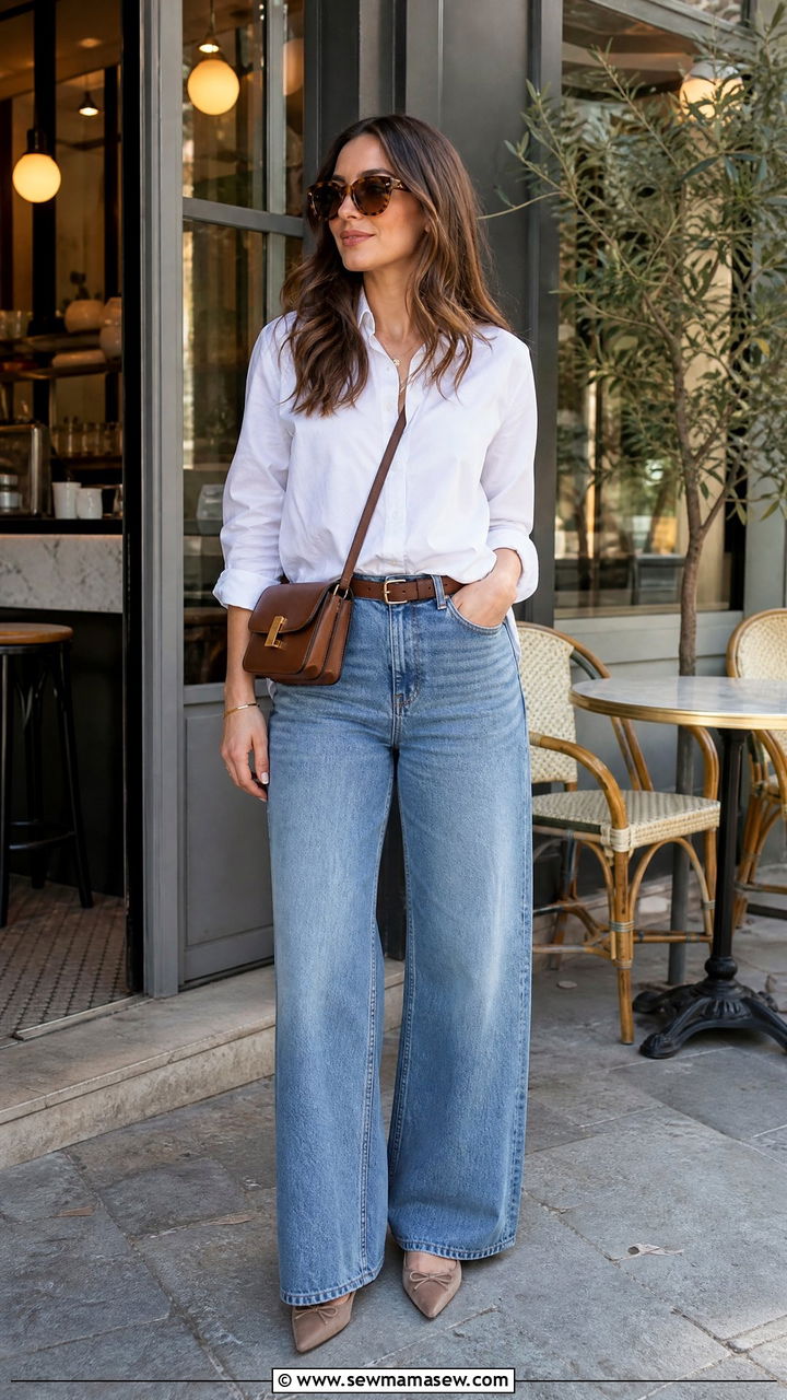 Half Tucked White Button Down with Medium Wash Wide Leg Jeans - 25 Wide leg jeans outfit ideas with a button down
