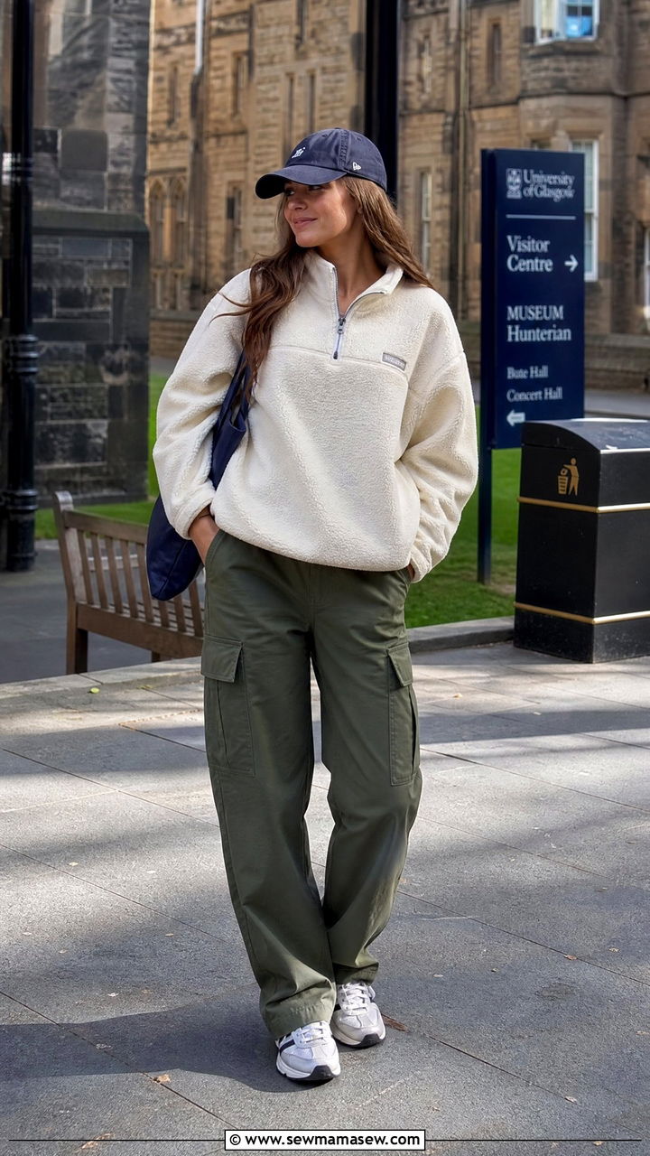 Half Zip Fleece and Cargo Trousers With Retro Trainers - 25 Glasgow outfit ideas