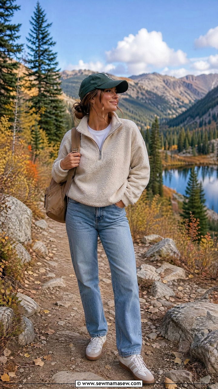 Half Zip Fleece and Relaxed Jeans Outfit - 35 Cool mom outfit ideas