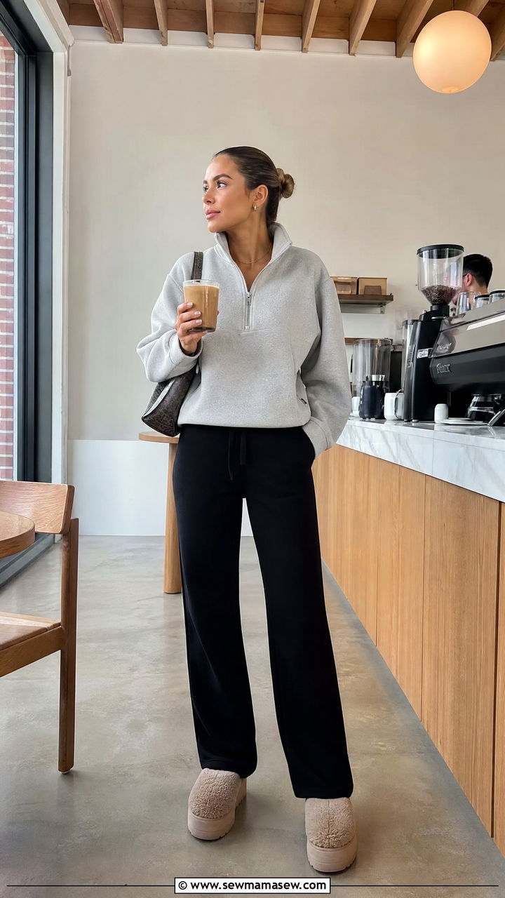 Half Zip Pullover and Straight Leg Sweatpants with Fuzzy Slippers - 30 Fuzzy slippers outfit ideas