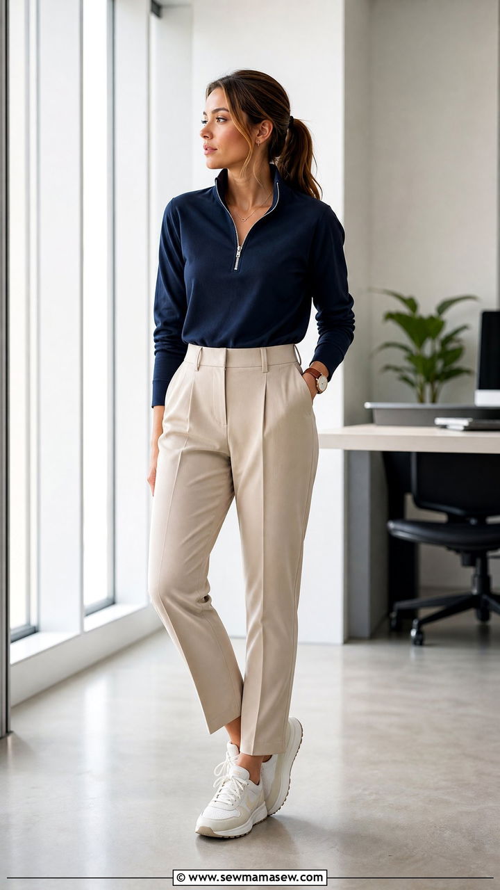 Half Zip Pullover and Tailored Pants - 30 classy athleisure outfit ideas