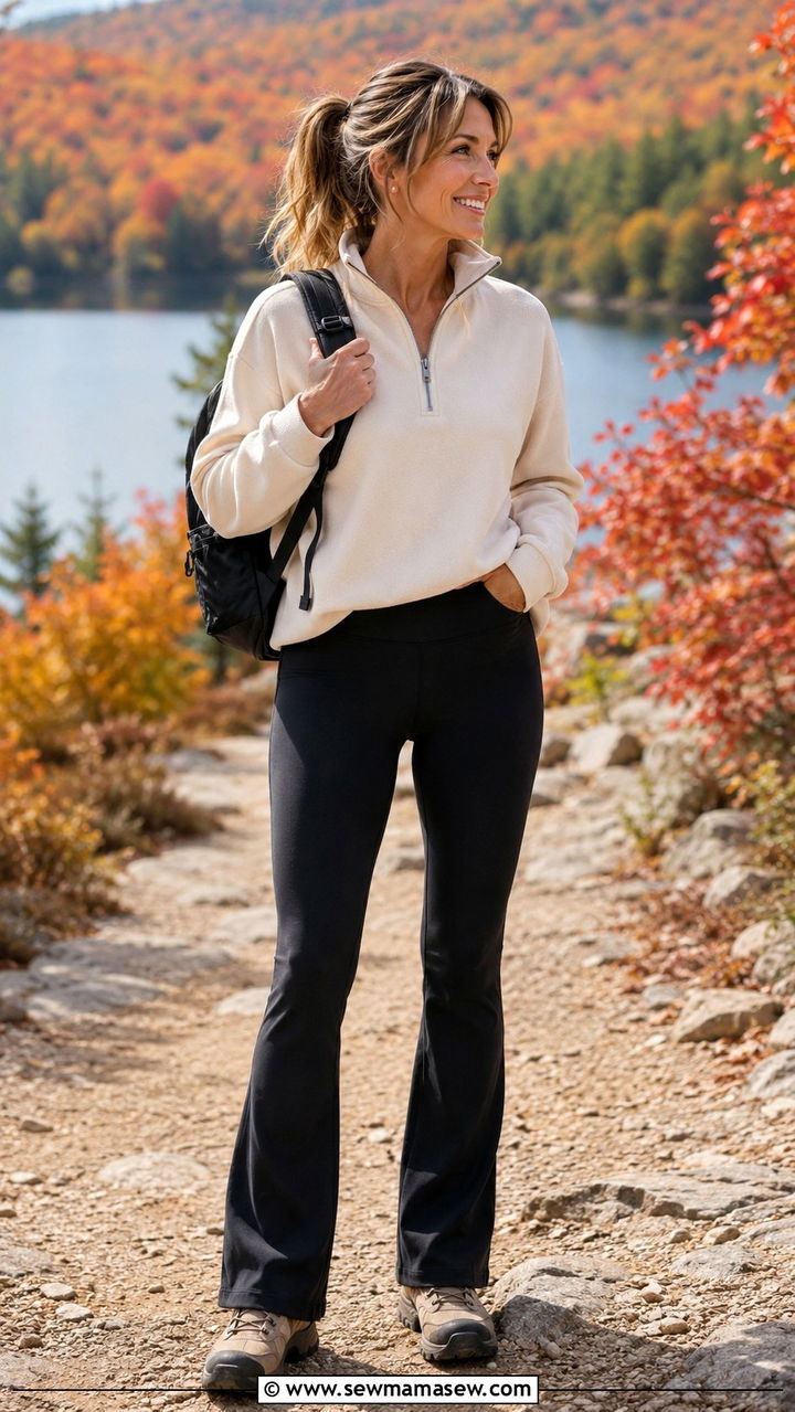Half Zip Pullover with Flare Leggings and Chunky Hiking Boots - 30 Outfit ideas for women over 40 sporty chic