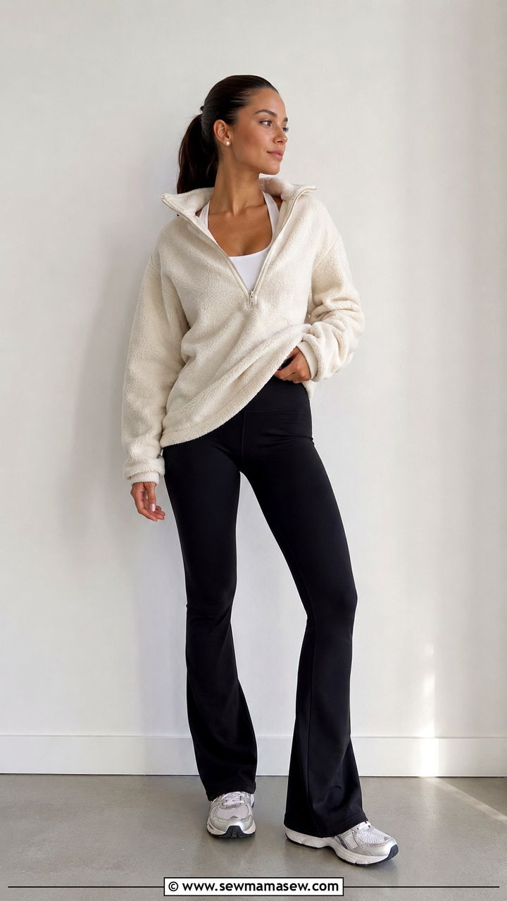 Half Zip Pullover with Flared Leggings and Sneakers - 20 Model off duty loungewear outfit ideas