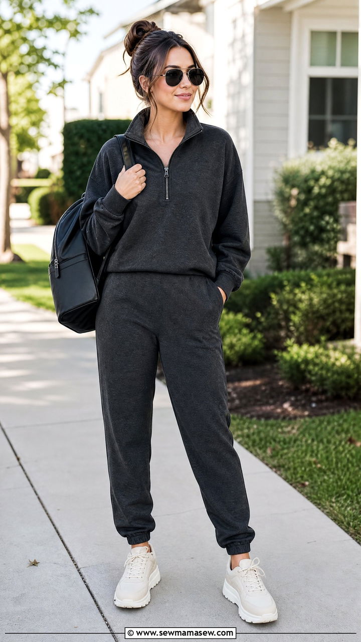 Half Zip Pullover with Jogger Set and Platform Sneakers - 25 Loungewear outfit ideas for moms