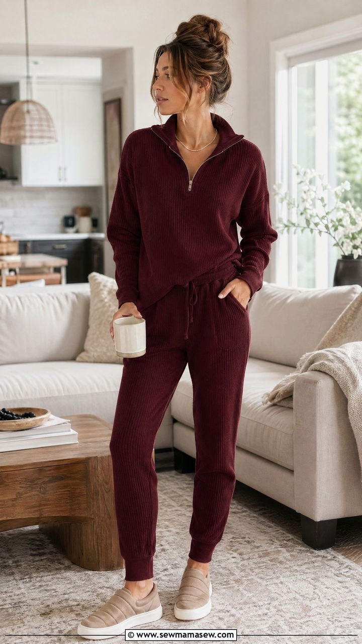 Half Zip Ribbed Pullover and Knit Joggers - 35 Elegant loungewear outfit ideas
