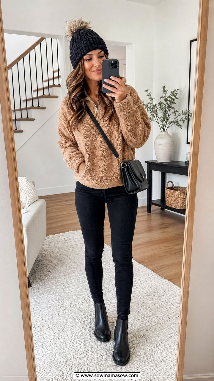 Half Zip Sherpa Pullover and Black Skinny Jeans with Boots - 35 errands outfits for women