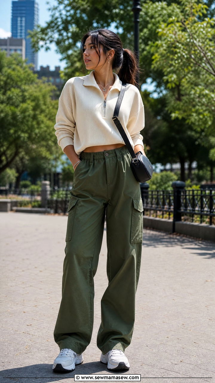 Half Zip Sweater With Cargo Pants - 30 Summer outfits with light sweaters
