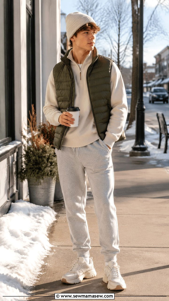 Half Zip Sweater and Joggers with Puffer Vest - 30 Trendy outfits for 17 year olds