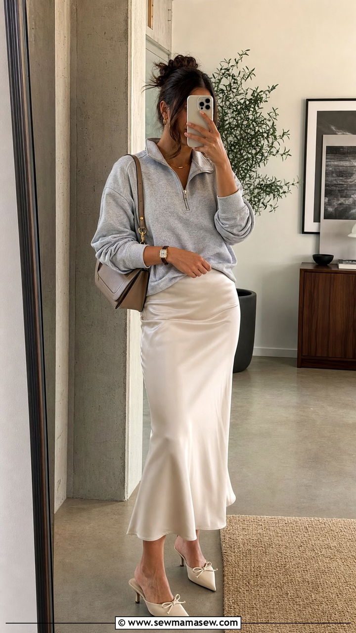 Half Zip Sweatshirt With Slip Skirt And Kitten Heels - 25 spring business meets athletic outfit ideas