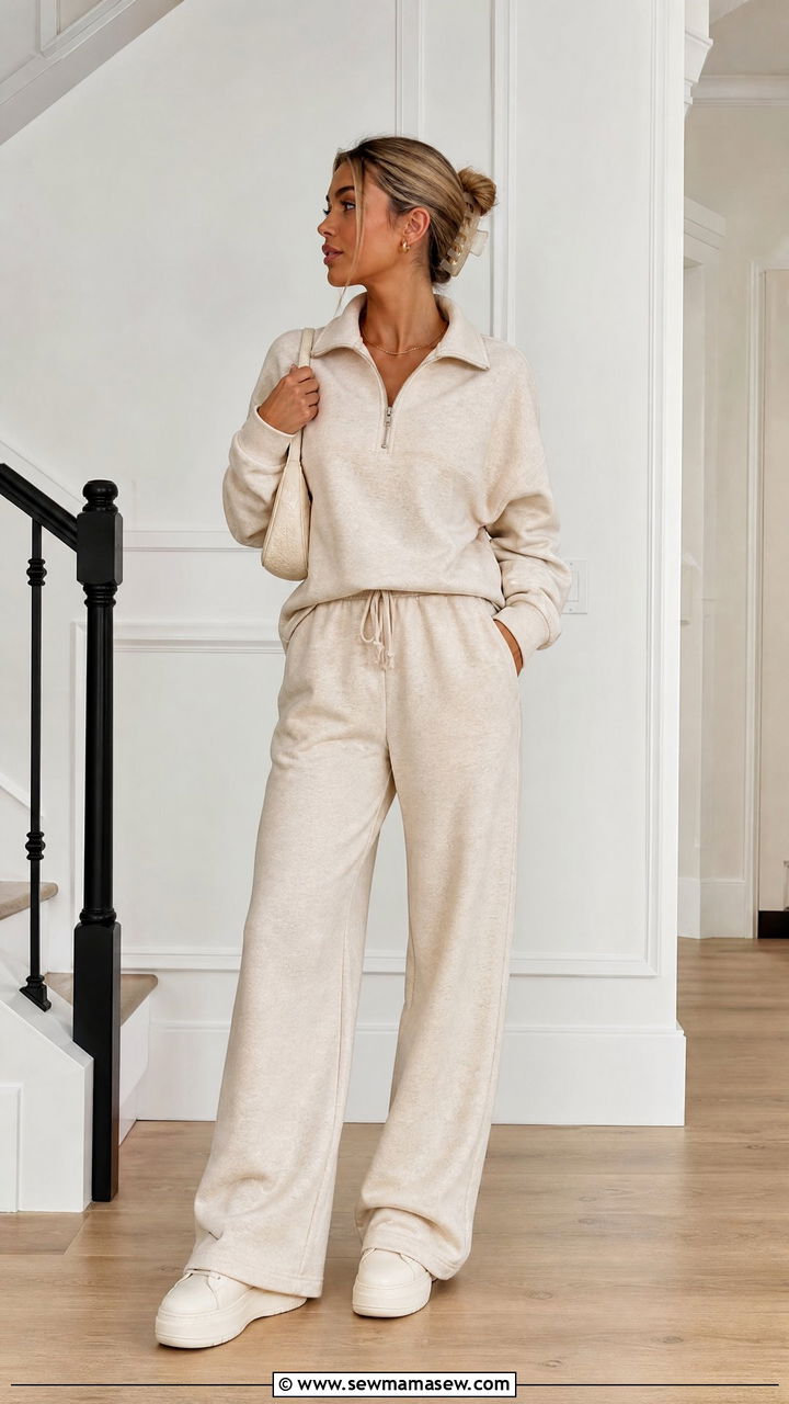 Half Zip Sweatsuit with Wide Leg Pants - 25 Matching sweatsuit outfit ideas