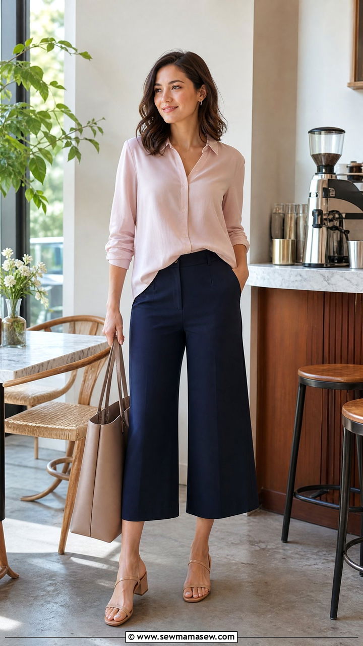 Half tucked blouse with mid rise culottes - 25 casual outfits for short torso women