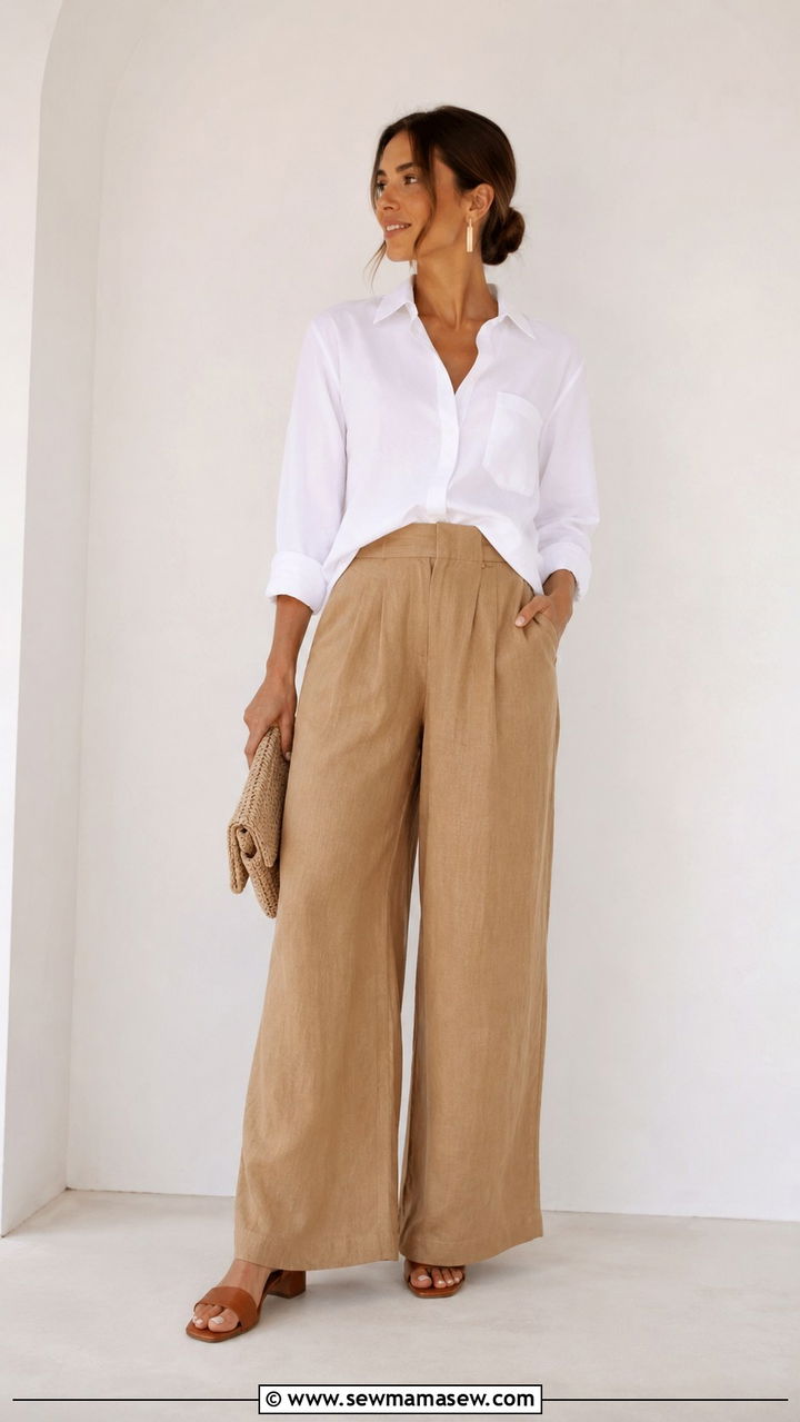 Half tucked button down with wide leg linen pants - 25 Wide leg linen pants outfit ideas with a button down