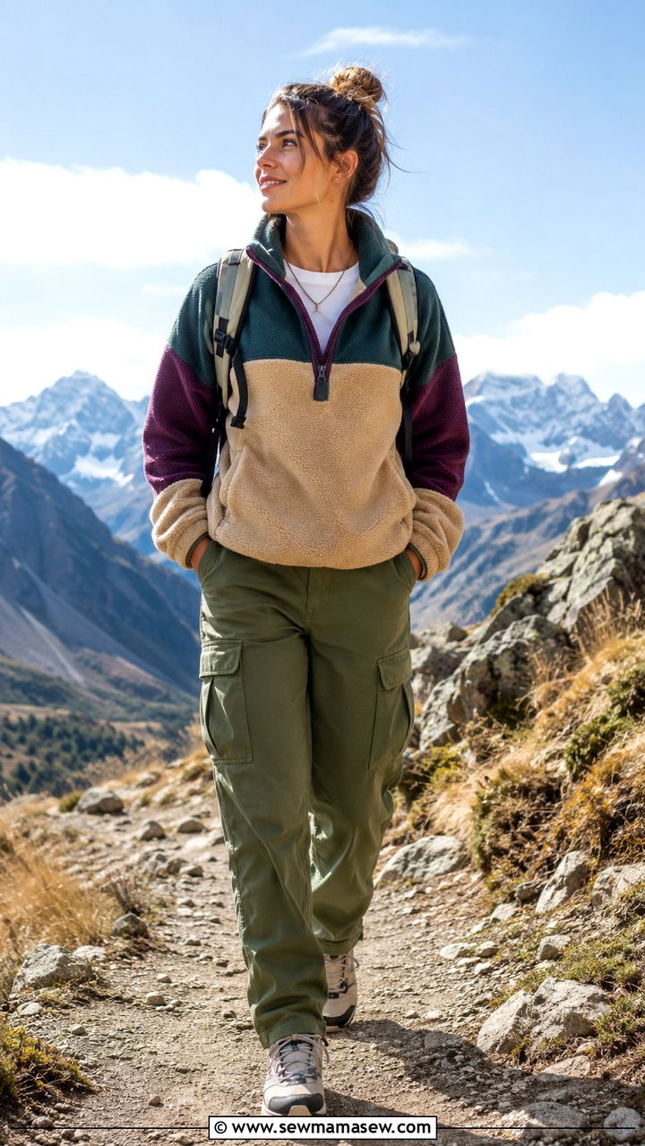 Half zip fleece pullover with cargo pants and hiking style sneakers - 30 Unpredictable weather outfit ideas