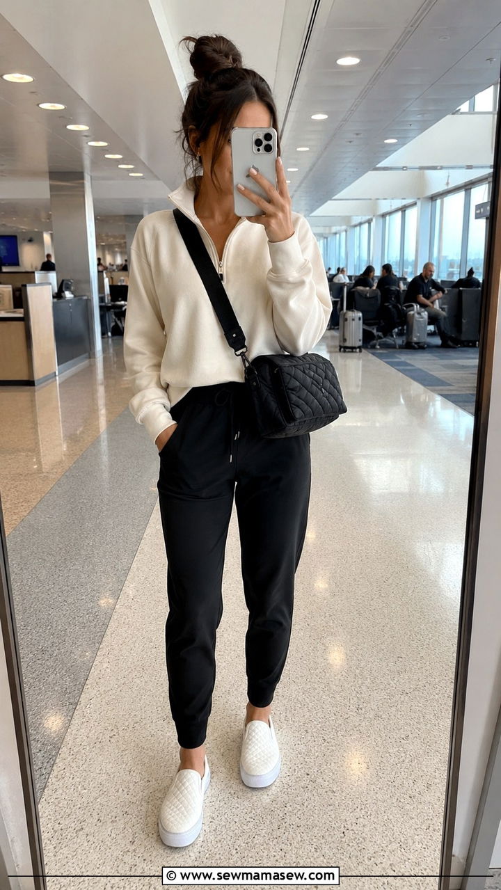 Half zip hoodie with joggers and slip on sneakers - 30 Travel outfit ideas petite women