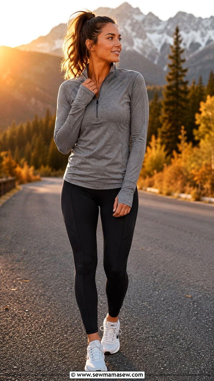 Half zip pullover and compression tights outfit - 30 Running outfit ideas for beginners