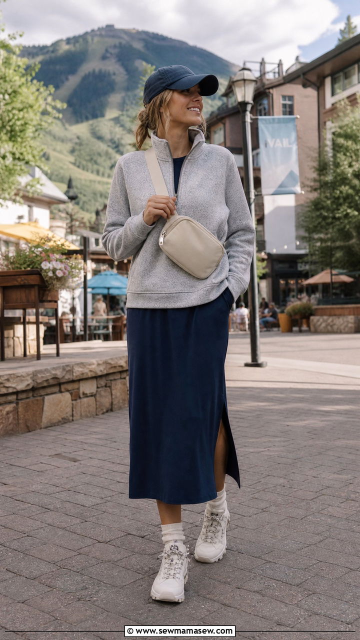 Half zip pullover and midi dress with hiking sneakers - 25 Modest outfit ideas for mountain trip