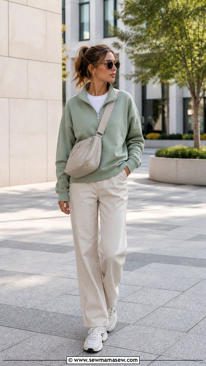 Half zip pullover and straight leg trousers spring outfit - 40 Casual spring outfits