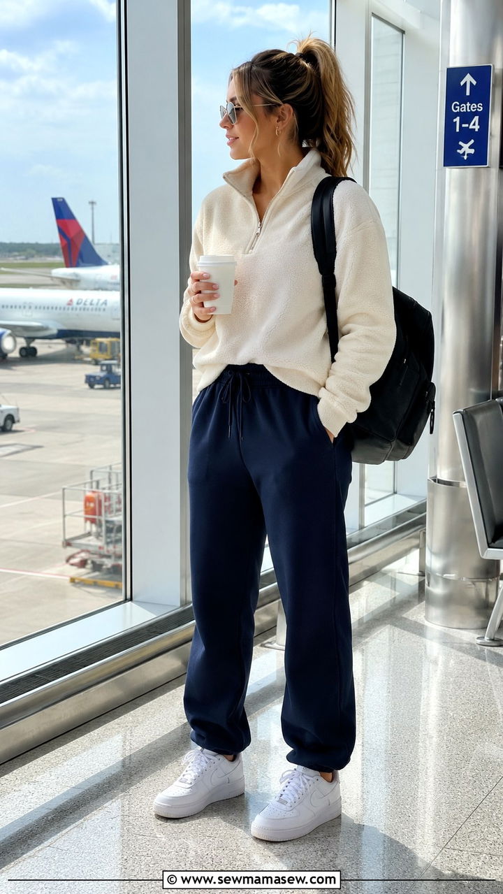 Half zip pullover and sweatpants airport look - 25 Airport outfit ideas with sweatpants