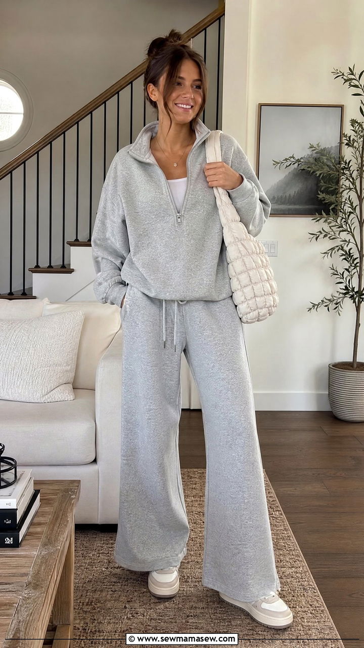 Half zip pullover lounge set with wide leg sweatpants - 25 Loungewear 3 piece set outfit ideas