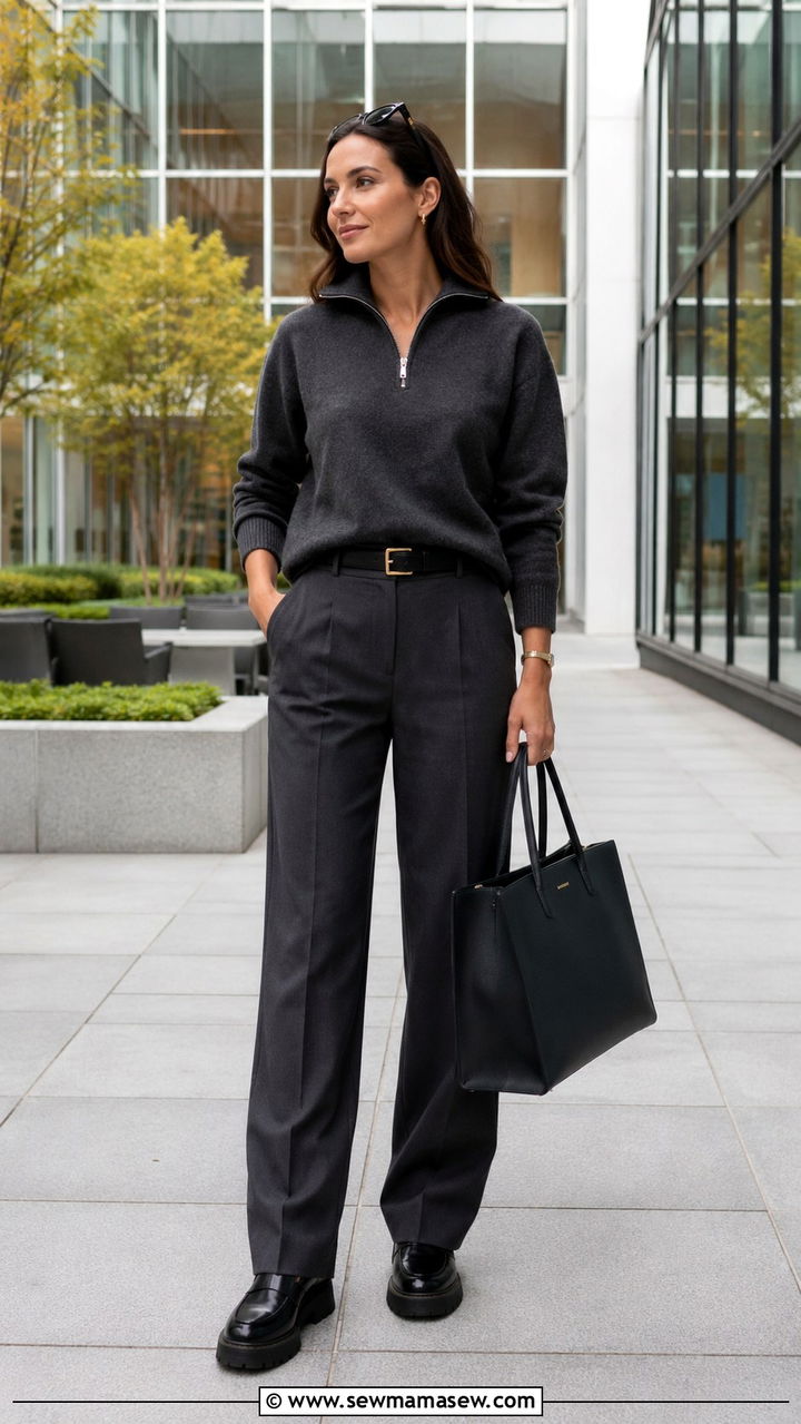 Half zip pullover with tailored trousers outfit - 30 casual sporty chic outfits