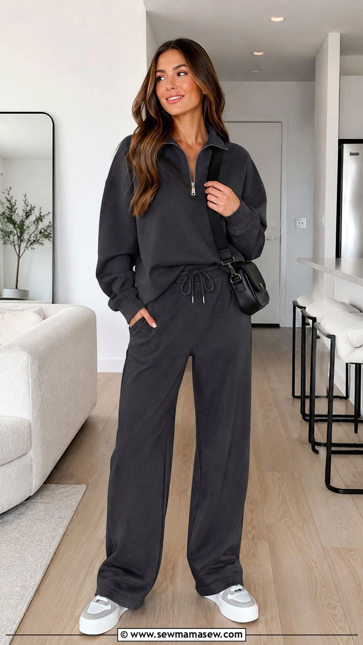 Half zip pullover with wide leg joggers - 30 Loungewear outfit ideas for weekend