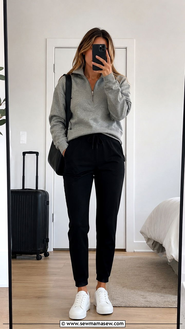 Half zip sweater with joggers and white sneakers - 30 Sweater outfit ideas for women over 40