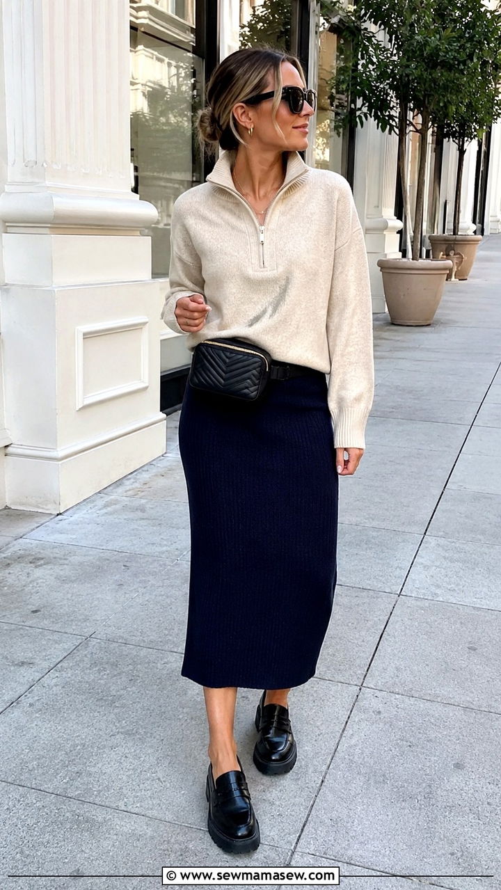 Half zip sweater with midi skirt and chunky loafers - 30 Midi skirt outfit ideas with a sweater