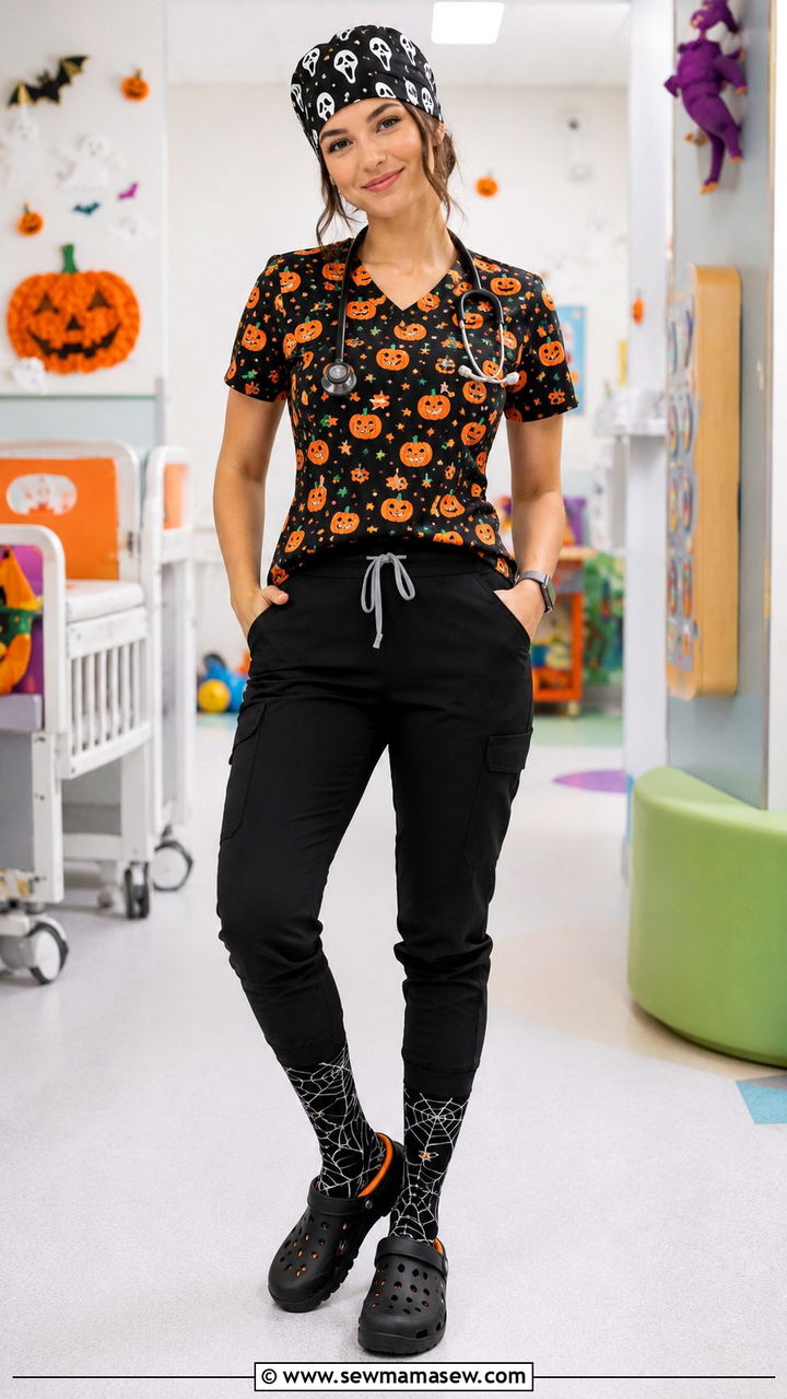 Halloween Pumpkin Scrub Top With Black Pants And Spider Socks - 25 Pediatric nurse outfit ideas