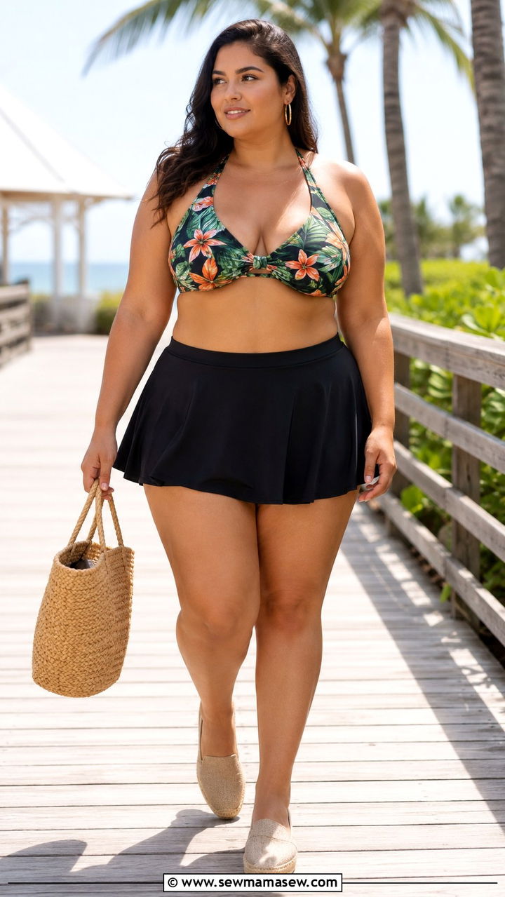 Halter Bikini Top with Skater Skirt - 30 Plus size outfit ideas for beach