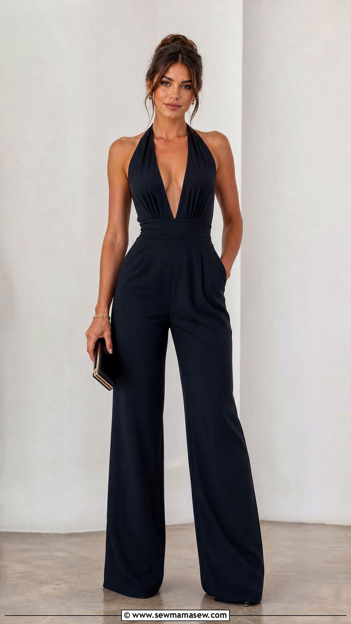 Halter Jumpsuit with Wide Leg Silhouette Outfit - 20 Outfit ideas for inverted triangle body to balance shoulders