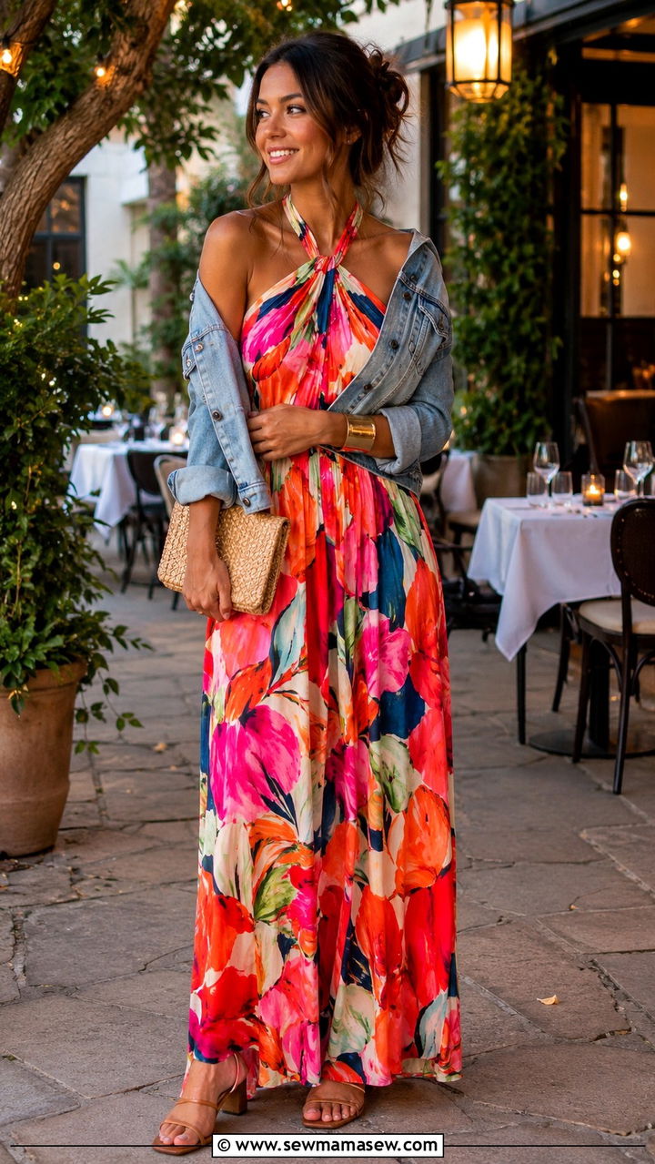 Halter Maxi Dress With Denim Jacket And Strappy Sandals - 30 Maxi dress with a denim jacket outfit ideas