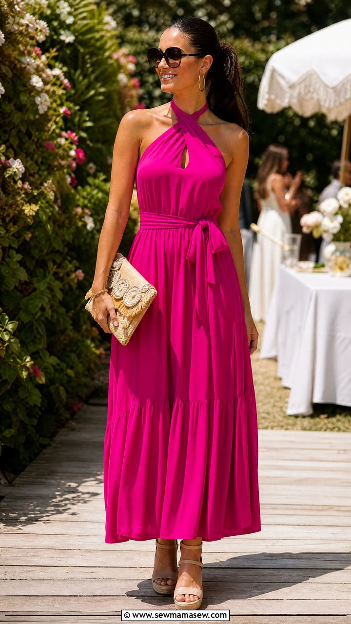 Halter Maxi Dress With Wedge Sandals - 30 Maxi dress outfit ideas with sandals