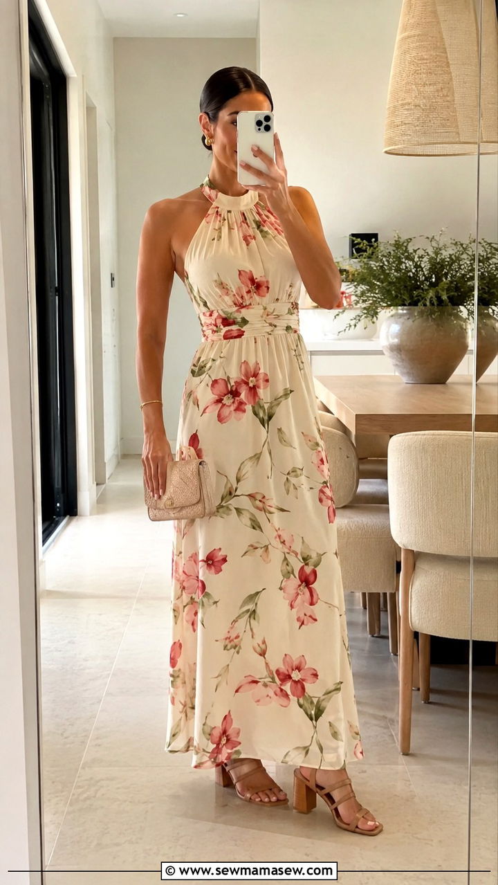 Halter Maxi Dress with Block Heels Outfit - 30 Maxi dress with heels outfit ideas