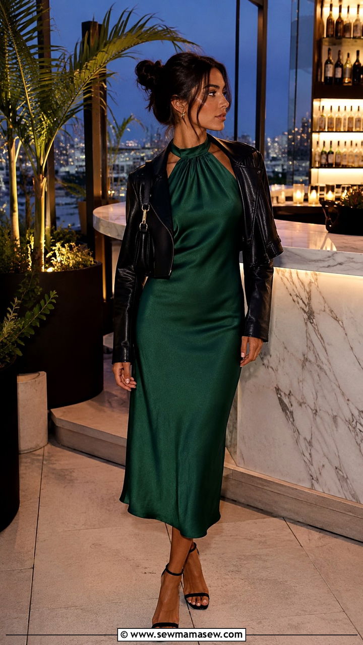Halter Midi Dress With Cropped Leather Jacket and Heeled Sandals - 30 Midi dress outfit ideas with a jacket