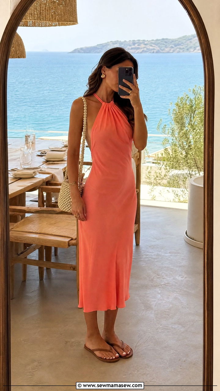 Halter Midi Dress With Flip Flops - 30 summer midi dress outfit ideas
