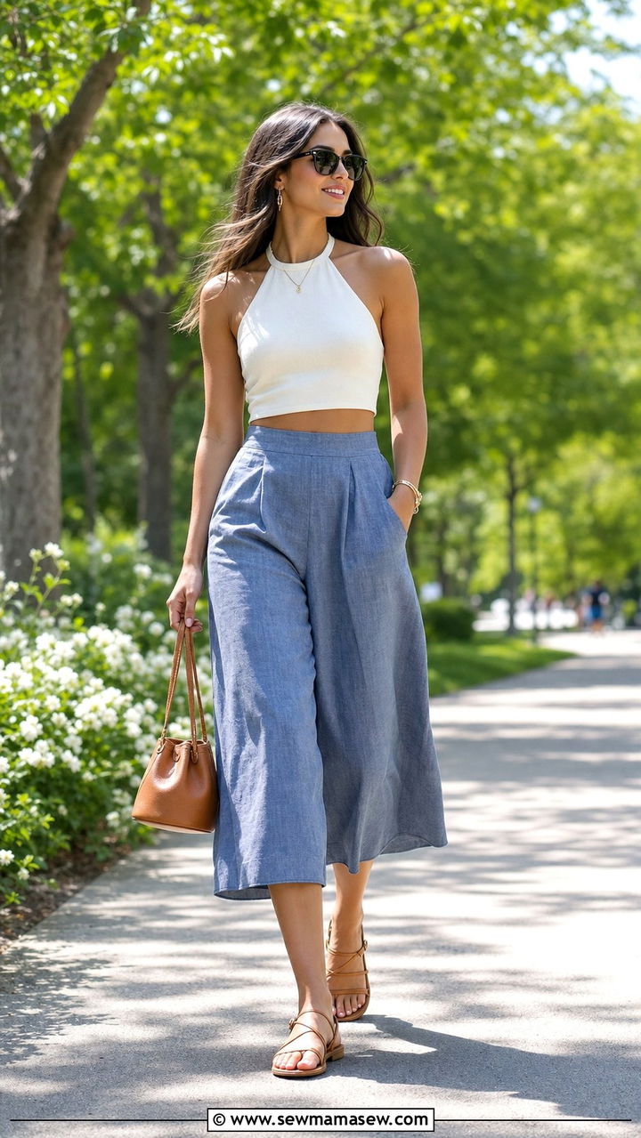 Halter Neck Crop Top with Flowy Culottes - 25 Summer outfits for long legs