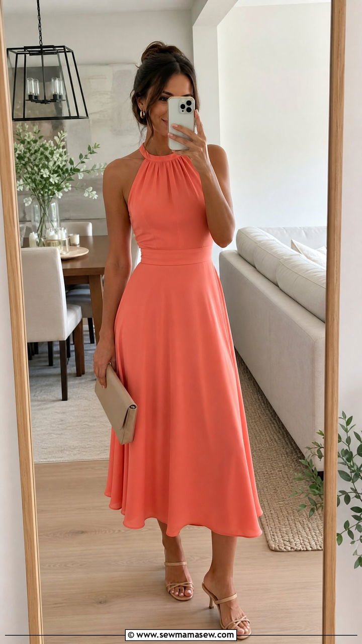 Halter Neck Dress With Clutch - 30 summer wedding guest outfit ideas for women