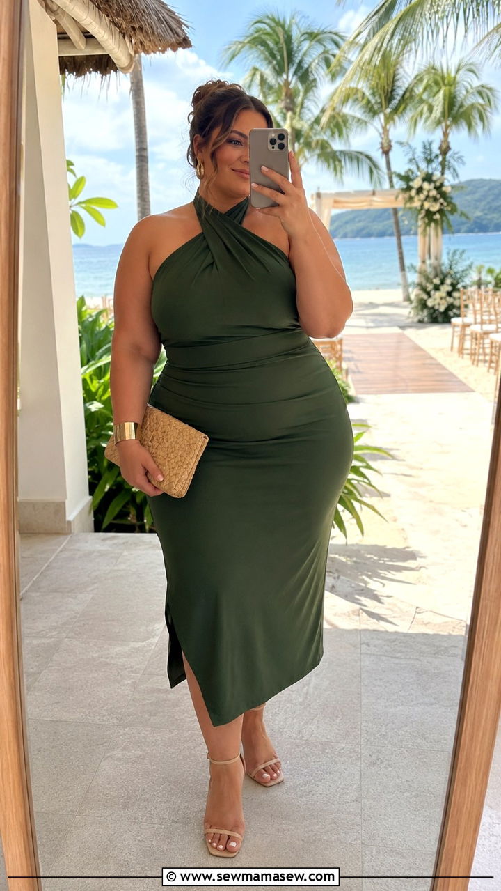 Halter Neck Dress With Woven Clutch - 25 Wedding guest outfit ideas size 18