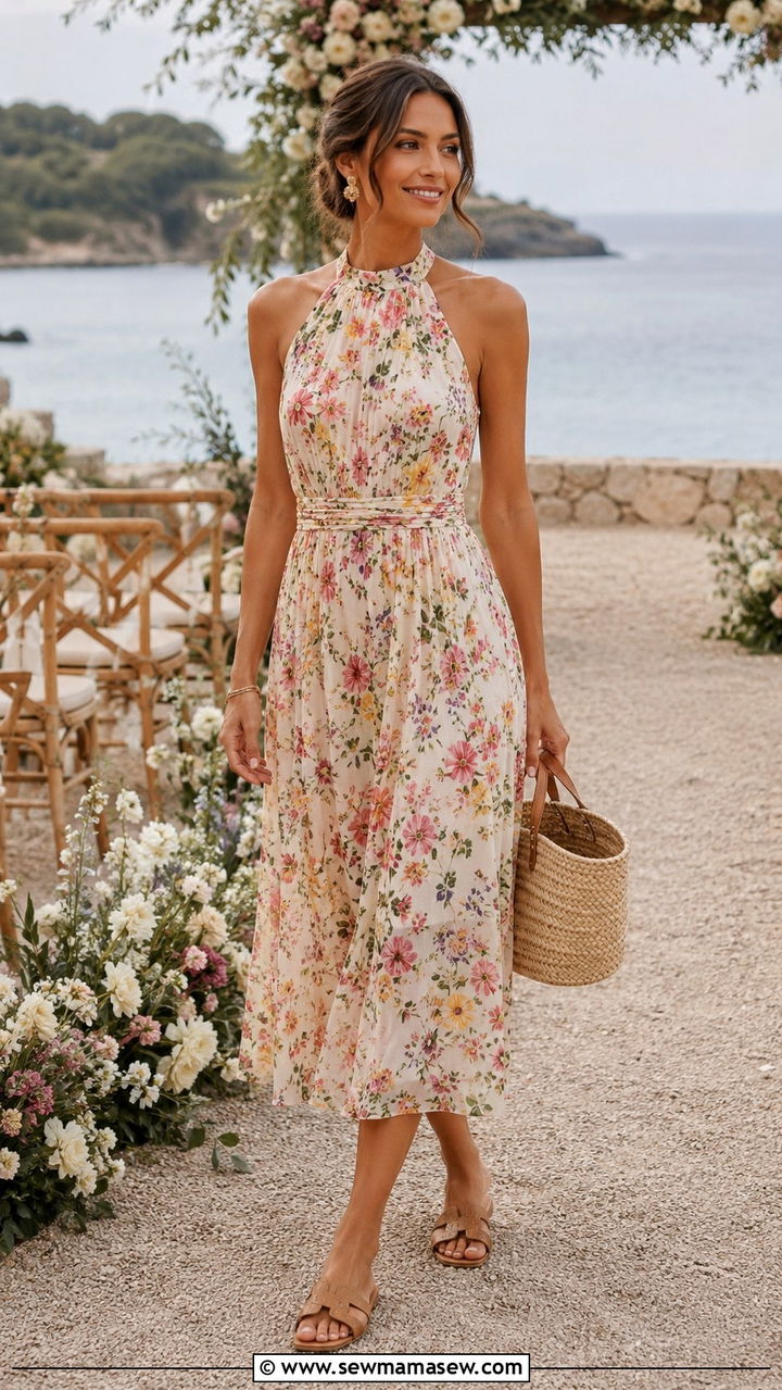 Halter Neck Floral Midi Dress with Minimal Jewelry - 30 casual spring wedding guest outfits