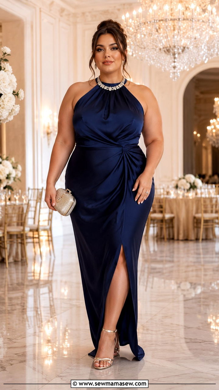 Halter Neck Gown With Crystal Necklace - 25 Wedding guest outfit ideas for plus size mom