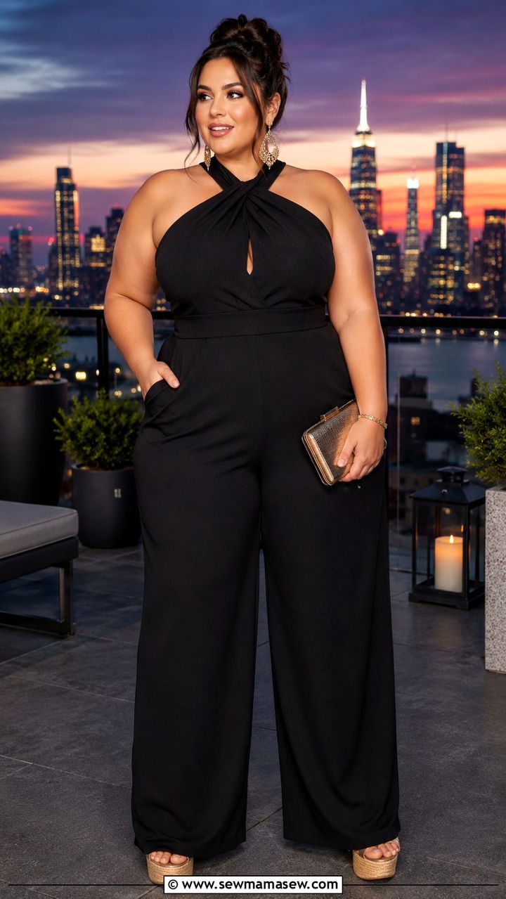 Halter Neck Jumpsuit With Platform Wedges - 25 Outfit ideas for pear shape plus size