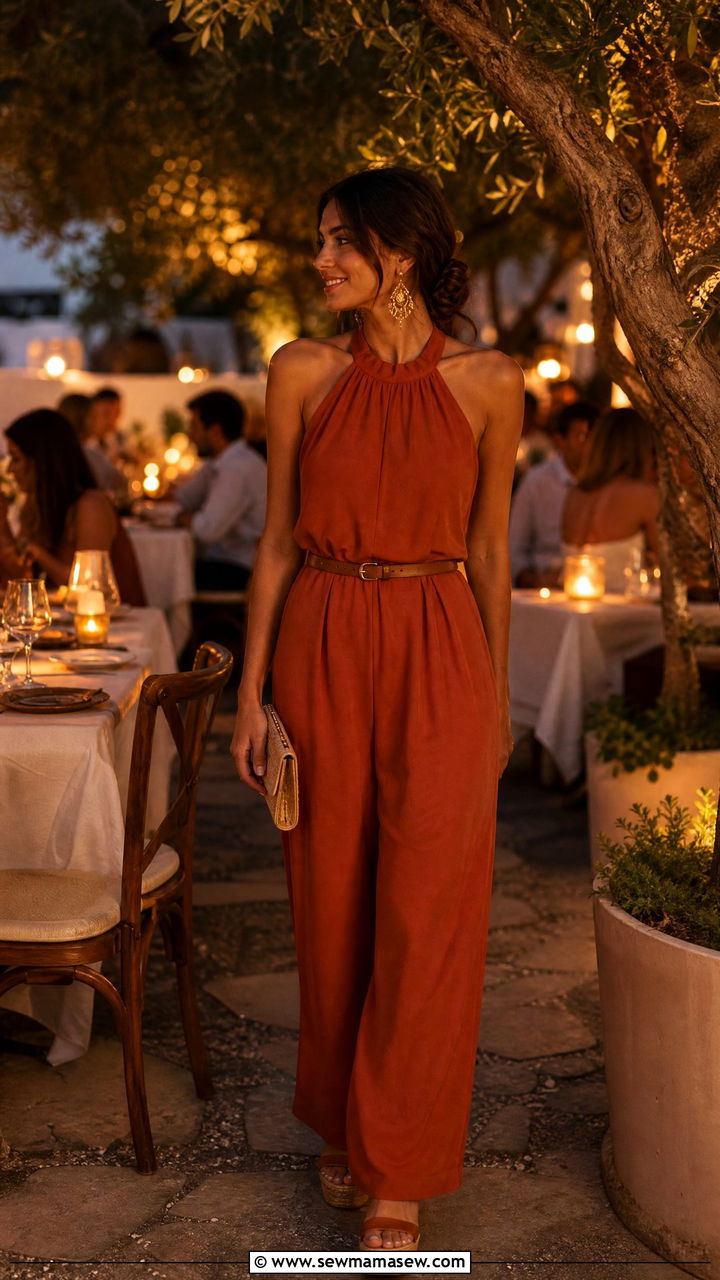 Halter Neck Jumpsuit With Wooden Wedge Sandals - 35 Ibiza vacation outfit ideas
