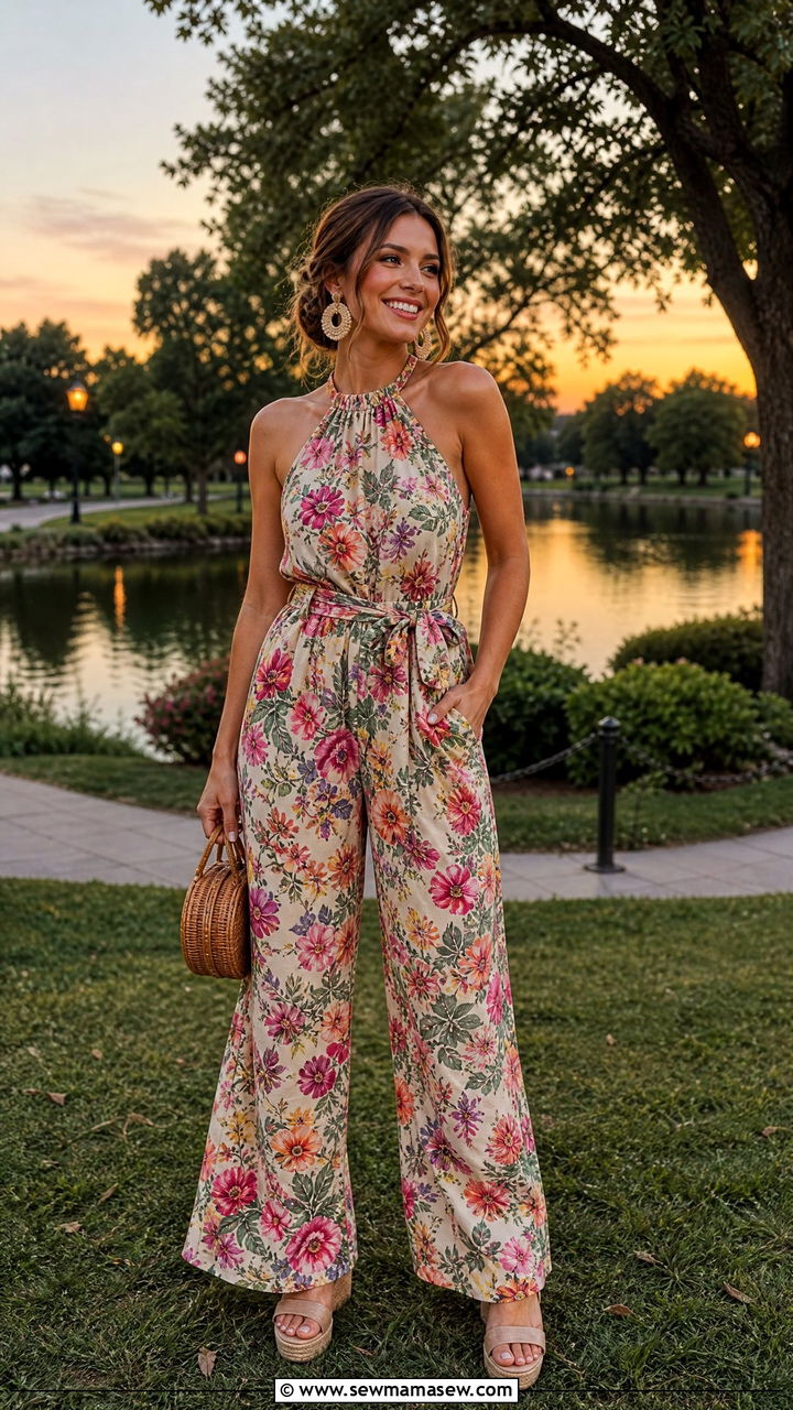 Halter Neck Jumpsuit and Wedges Park Outfit - 30 Summer park outfits