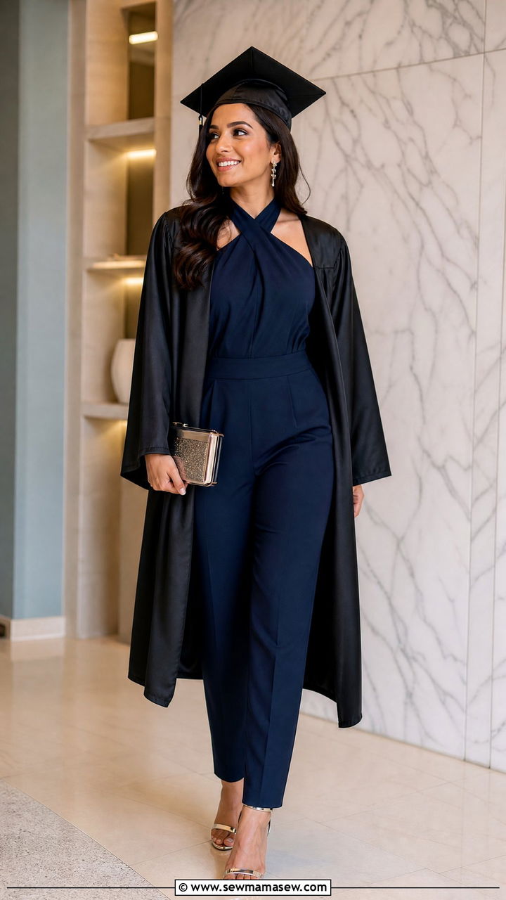 Halter Neck Jumpsuit with Metallic Stilettos - 30 Graduation cap and gown outfit ideas