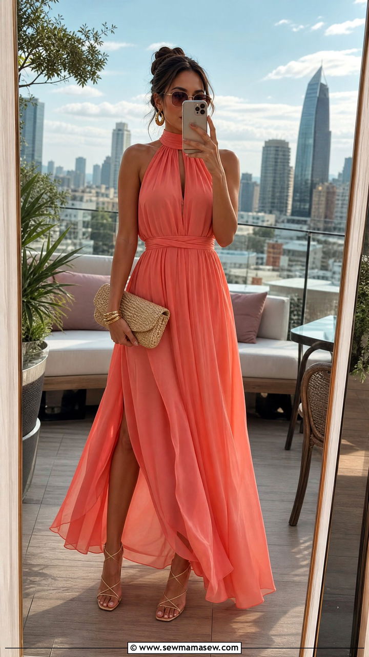 Halter Neck Maxi Dress Brunch Outfit With Strappy Sandals - 25 Brunch outfit ideas with a maxi dress
